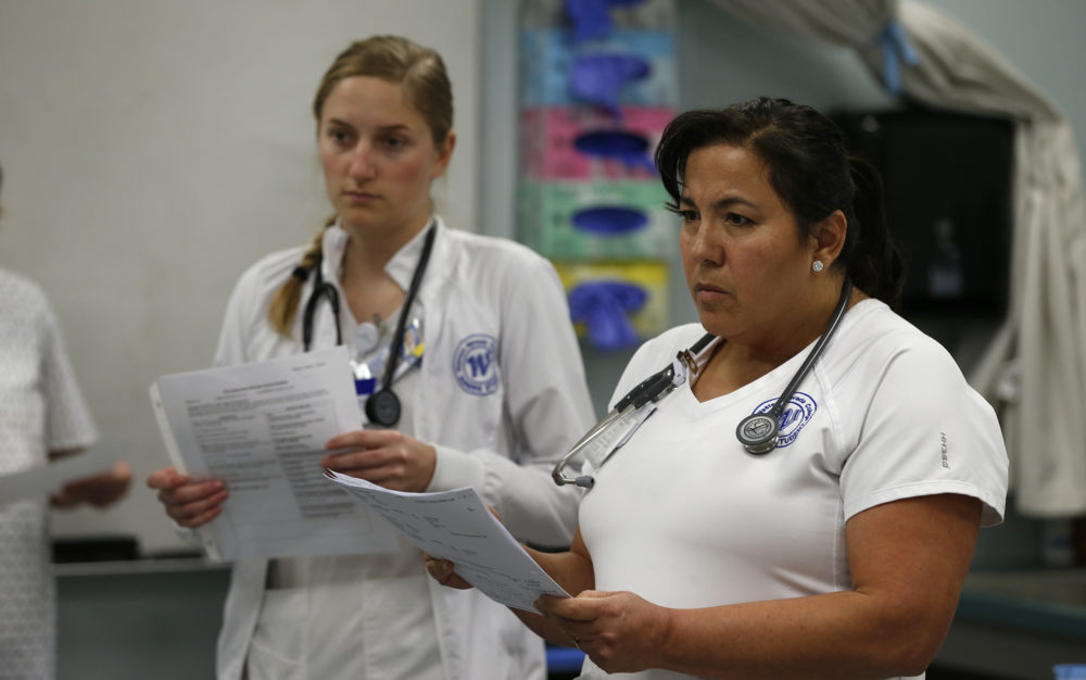 WNC - nursing class Julia Guier and Angelica Munda work in a nursing lab at Western Nevada College, in Carson City, Nev., on Tuesday, April 9, 2019.
Photo by Cathleen Allison/Nevada Momentum